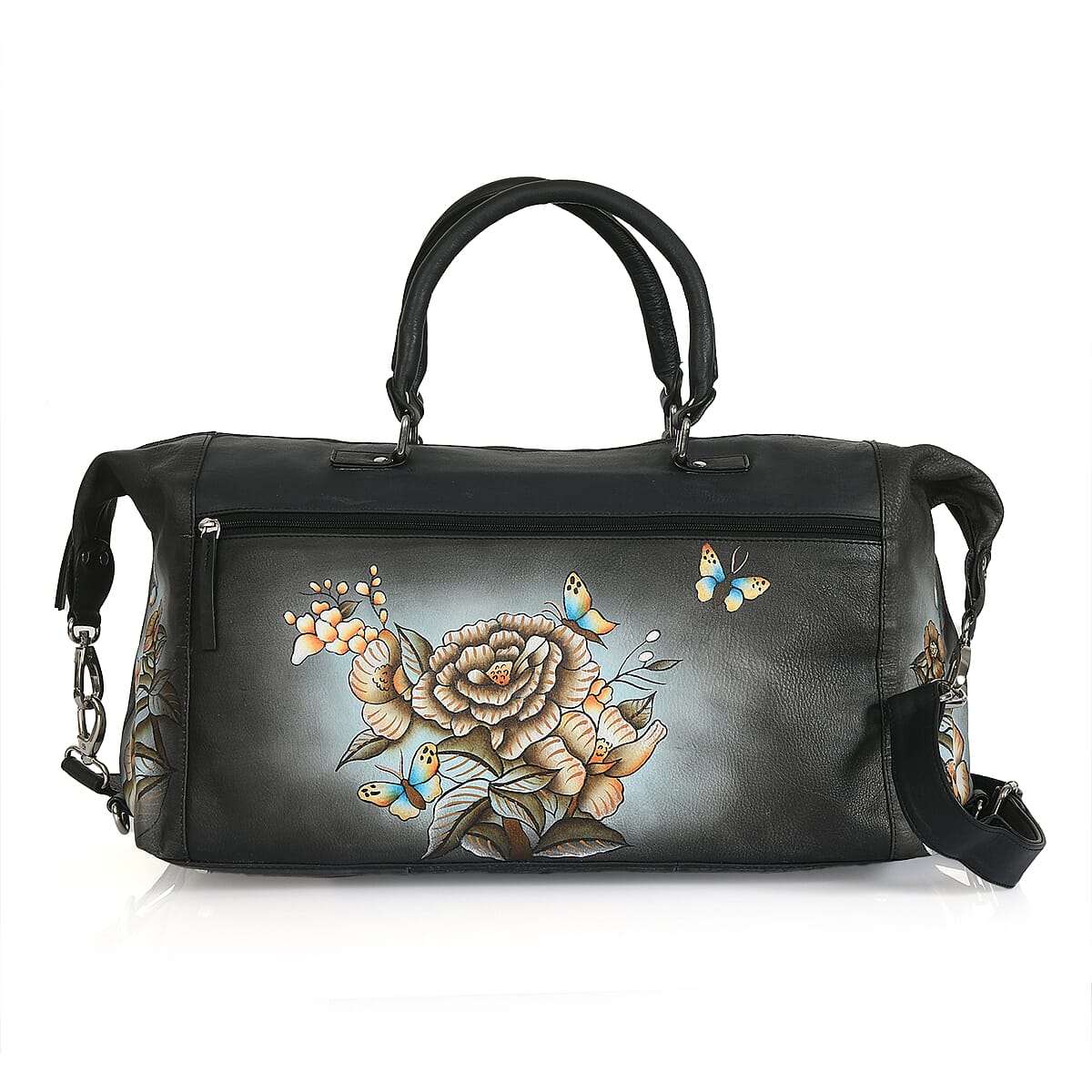 Sukriti Black & Green Butterfly and Floral Hand Painted Genuine Leather Duffle Bag  image number 5