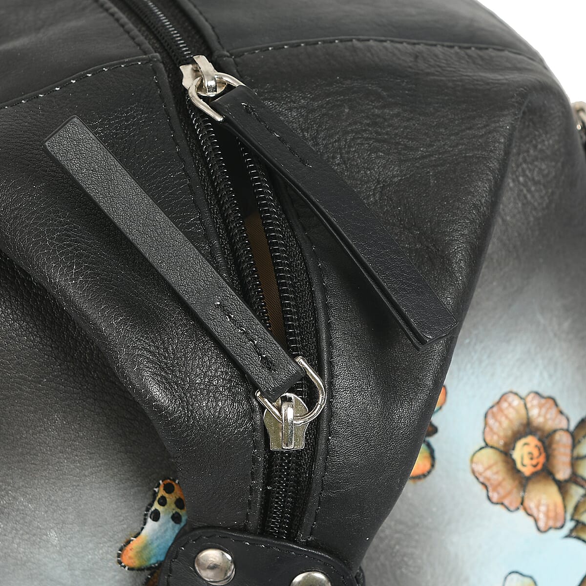 Sukriti Black & Green Butterfly and Floral Hand Painted Genuine Leather Duffle Bag  image number 7