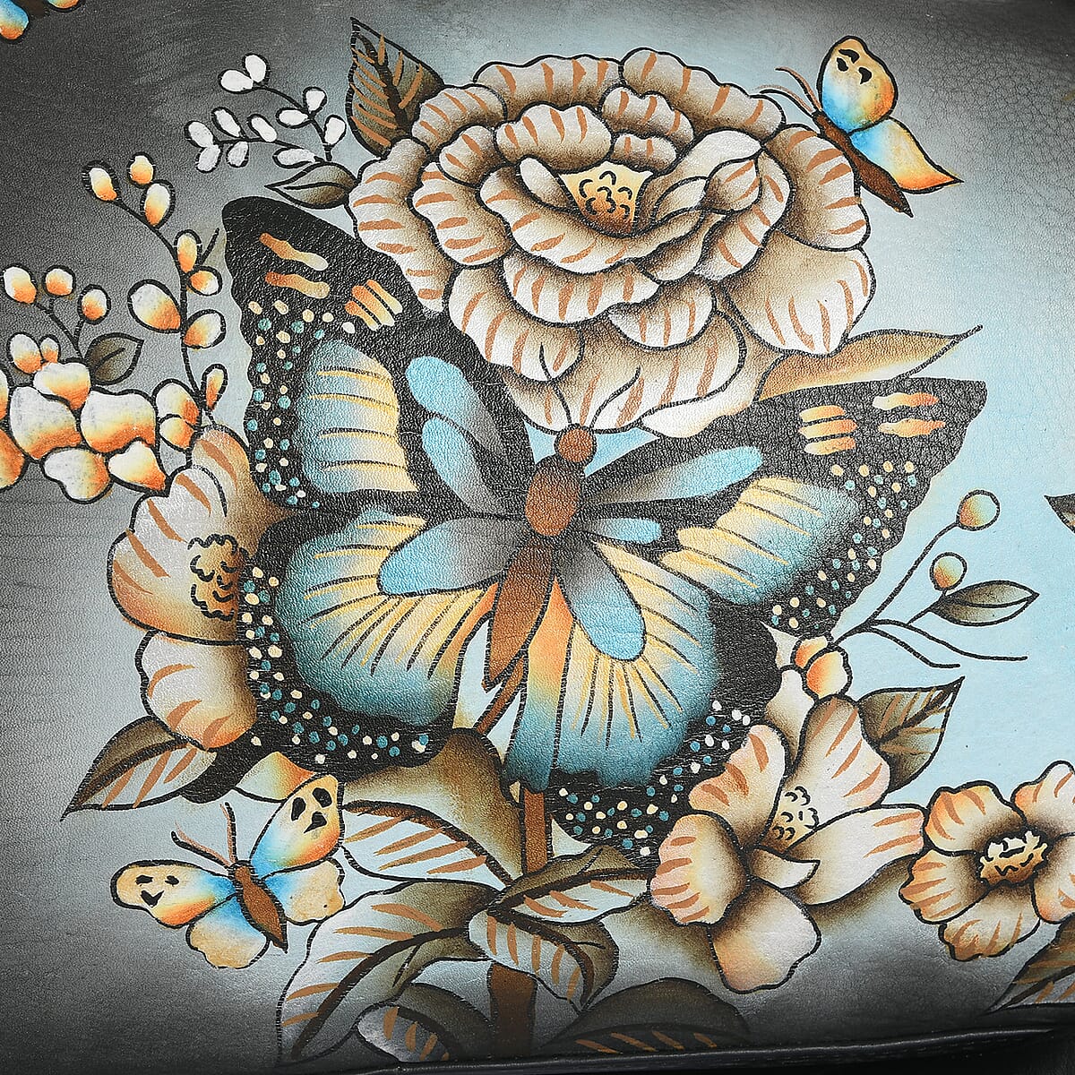 Sukriti Black & Green Butterfly and Floral Hand Painted Genuine Leather Duffle Bag  image number 8
