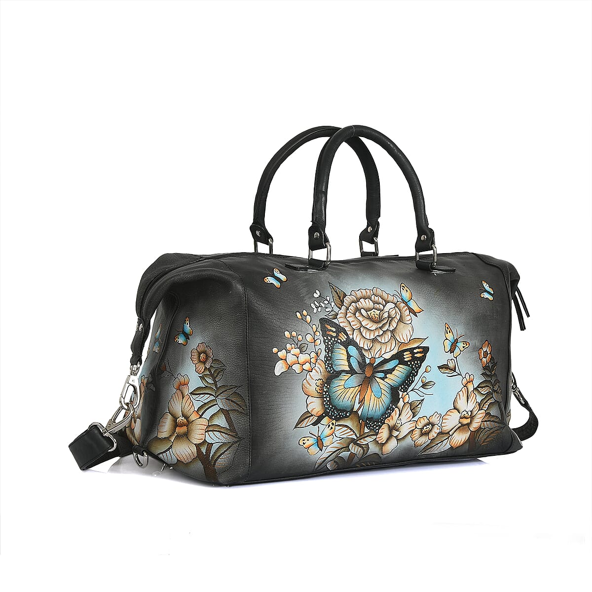 Sukriti Black & Green Butterfly and Floral Hand Painted Genuine Leather Duffle Bag  image number 9