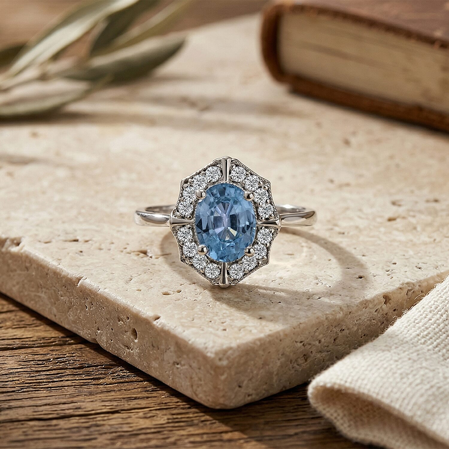 Cambodian Blue Zircon and White Zircon 2.30 ctw Ring in Rhodium Over Sterling Silver (Size 6.5)