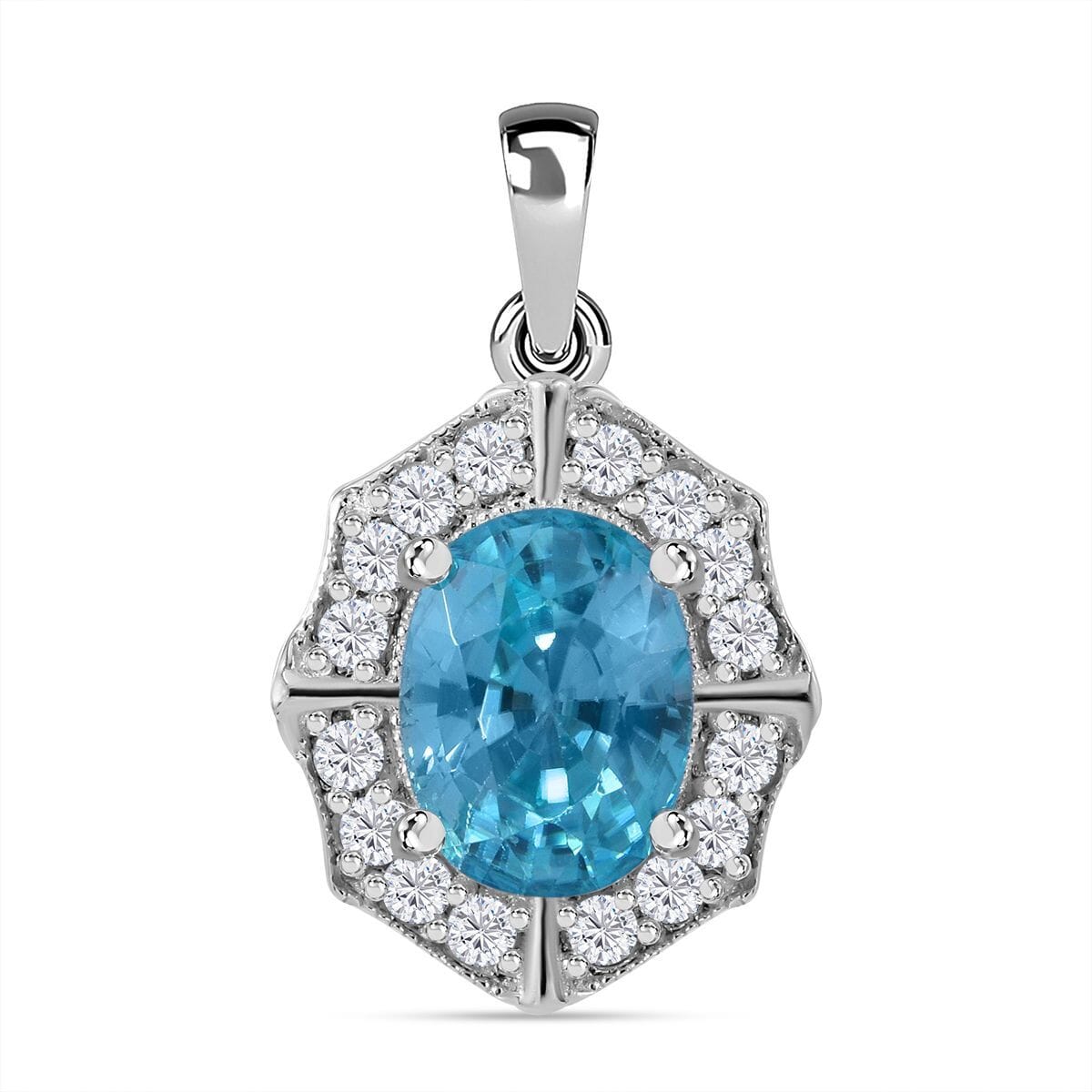 Blue Zircon and White Zircon 2.40 ctw Pendant in Rhodium Over Sterling Silver image number 0