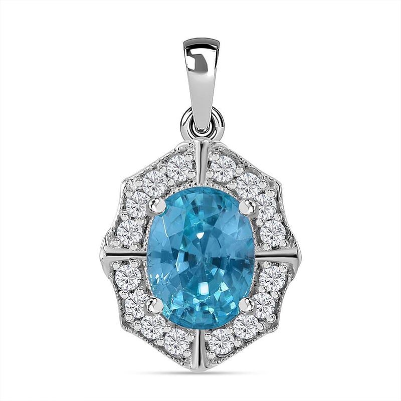 Blue Zircon and White Zircon 2.40 ctw Pendant in Rhodium Over Sterling Silver