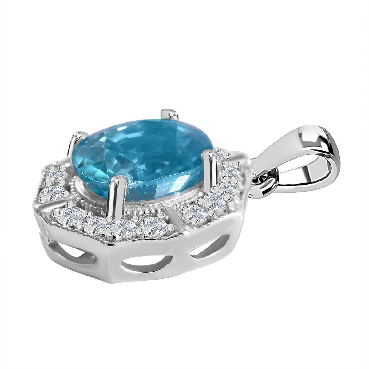 Blue Zircon and White Zircon 2.40 ctw Pendant in Rhodium Over Sterling Silver image number 2