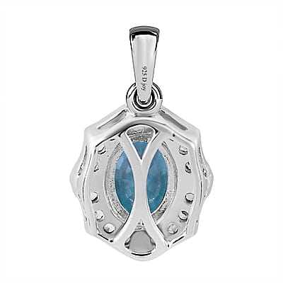 Blue Zircon and White Zircon 2.40 ctw Pendant in Rhodium Over Sterling Silver