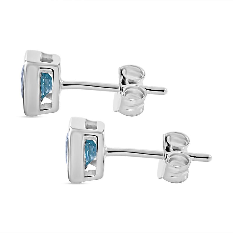 Blue Zircon 1.85 ctw Stud Earrings in Rhodium Over Sterling Silver