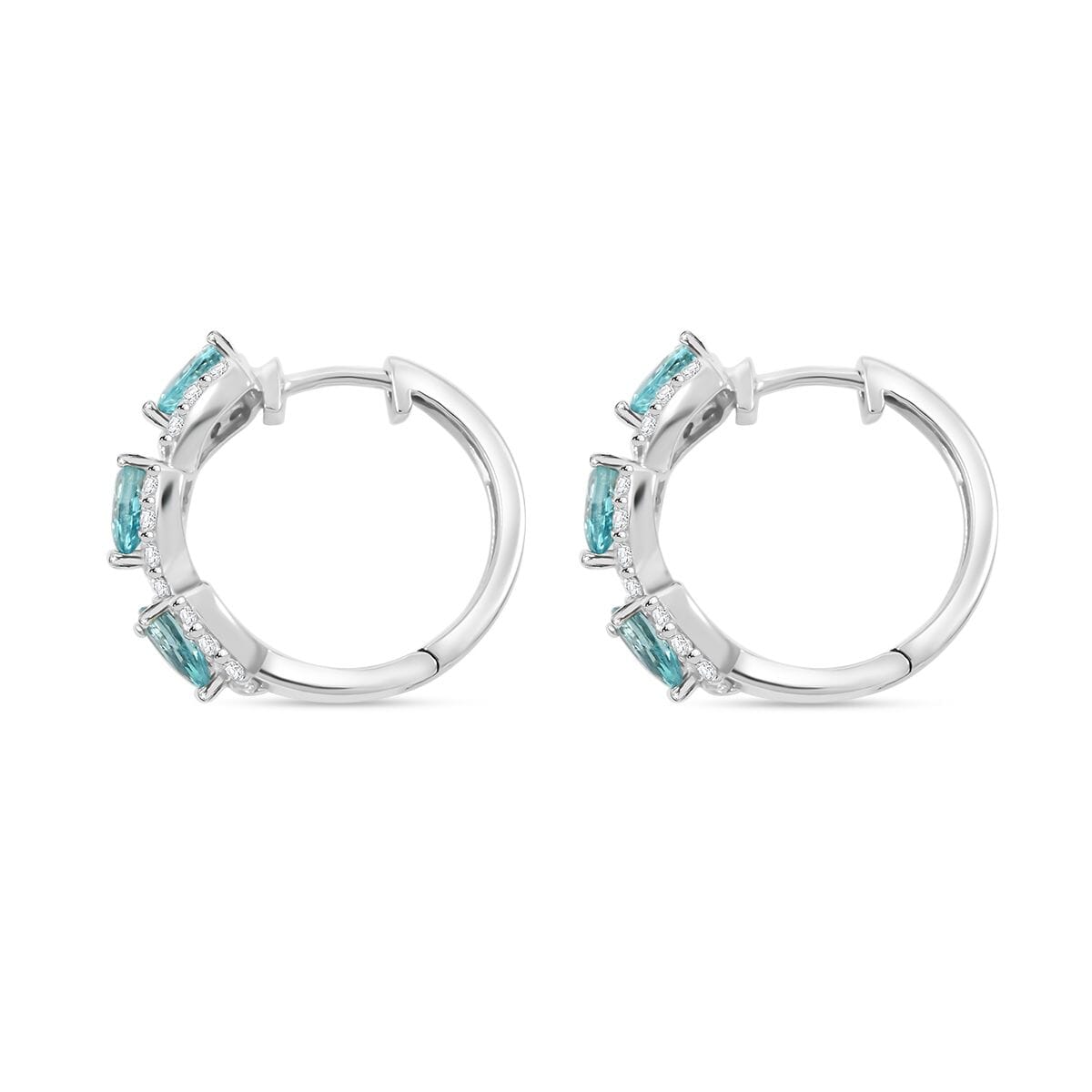 Blue Zircon and White Zircon Hoop Earrings in Rhodium Over Sterling Silver image number 2