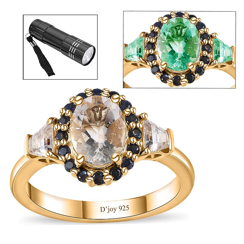 Mexican Hyalite Opal and Multi Gemstone Halo Ring in Vermeil Yellow Gold Over Sterling Silver (Size 10.0) with Free UV Flash Light 1.40 ctw