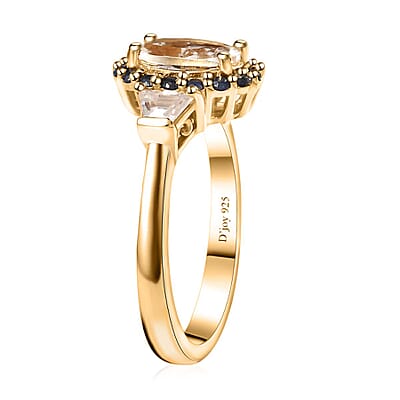Mexican Hyalite Opal and Multi Gemstone Halo Ring in Vermeil Yellow Gold Over Sterling Silver (Size 10.0) with Free UV Flash Light 1.40 ctw