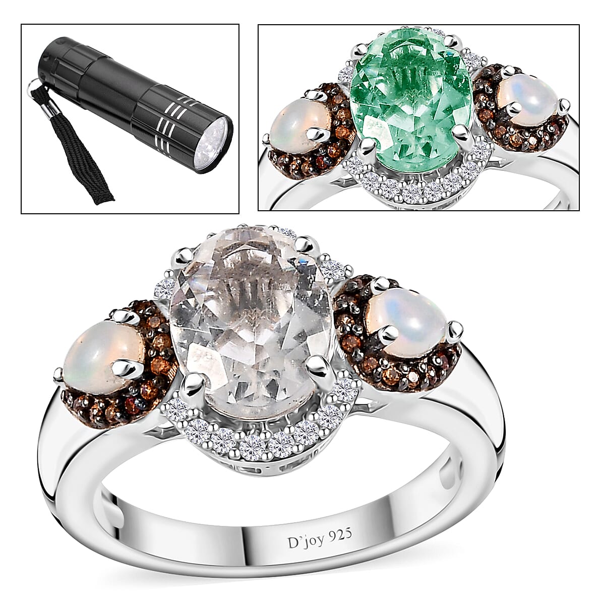 Mexican Hyalite Opal and Multi Gemstone Triple Halo Ring in Platinum Over Sterling Silver (Size 10.0) with Free UV Flash Light 1.85 ctw