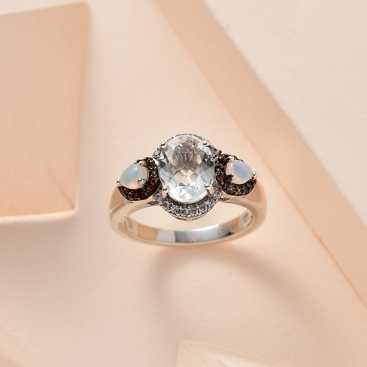Mexican Hyalite Opal and Multi Gemstone Triple Halo Ring in Platinum Over Sterling Silver (Size 10.0) with Free UV Flash Light 1.85 ctw