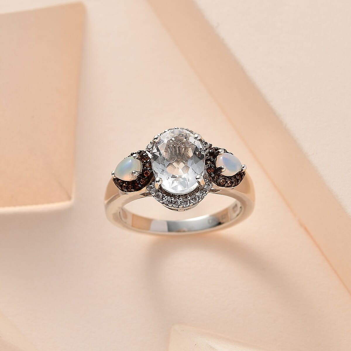 Mexican Hyalite Opal and Multi Gemstone Tri-Halo Ring in Platinum Over Sterling Silver (Size 10.0) 1.85 ctw image number 1