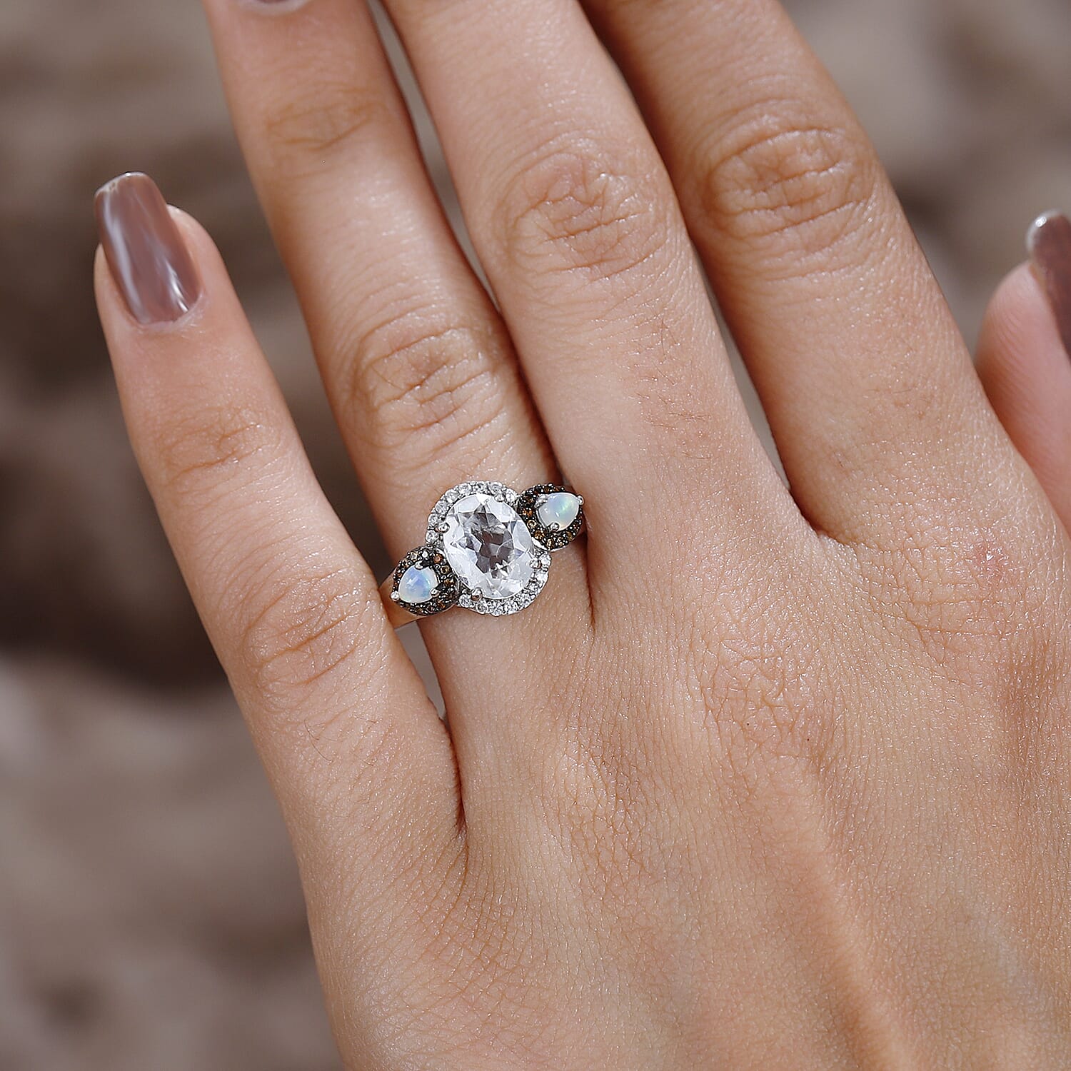 Mexican Hyalite Opal and Multi Gemstone Triple Halo Ring in Platinum Over Sterling Silver (Size 10.0) with Free UV Flash Light 1.85 ctw