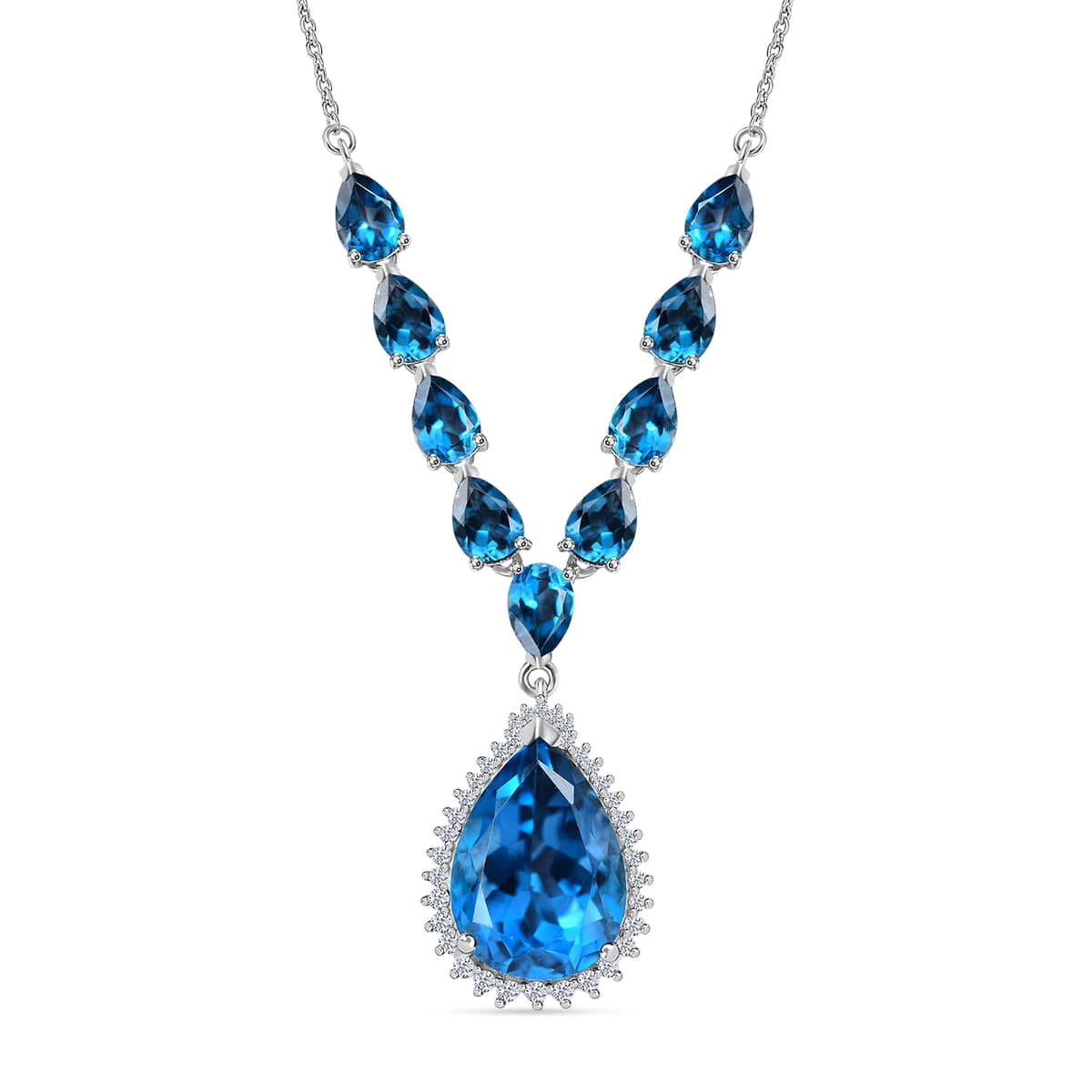London Blue Topaz and White Zircon Drop Necklace 18 Inches in Platinum Over Sterling Silver 22.70 ctw image number 0