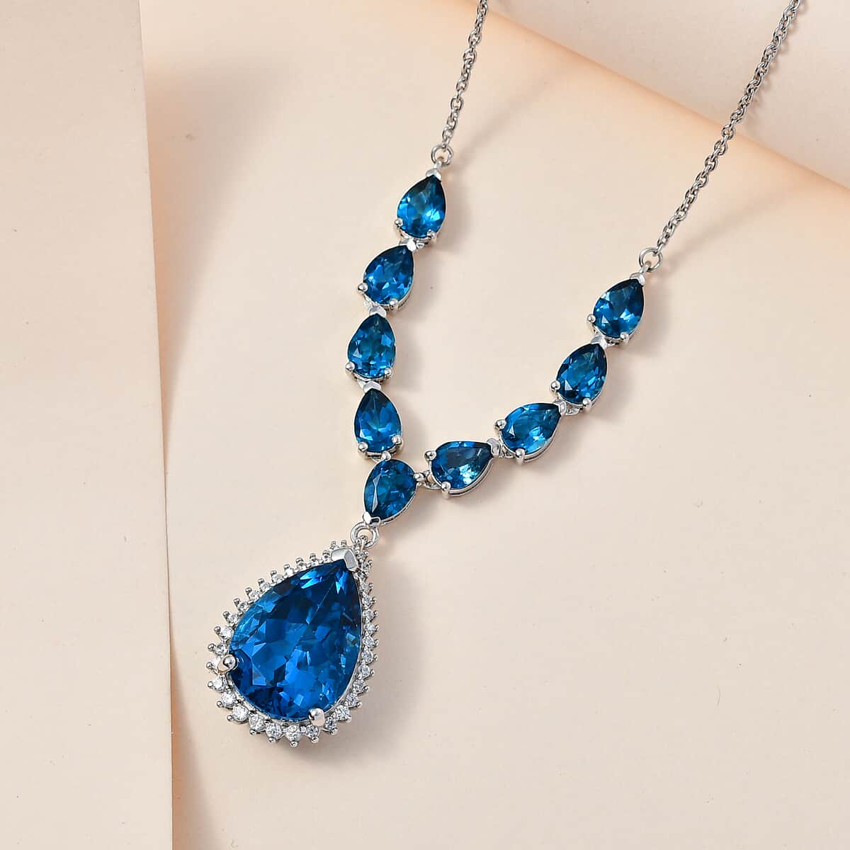 London Blue Topaz and White Zircon Drop Necklace 18 Inches in Platinum Over Sterling Silver 22.70 ctw image number 1