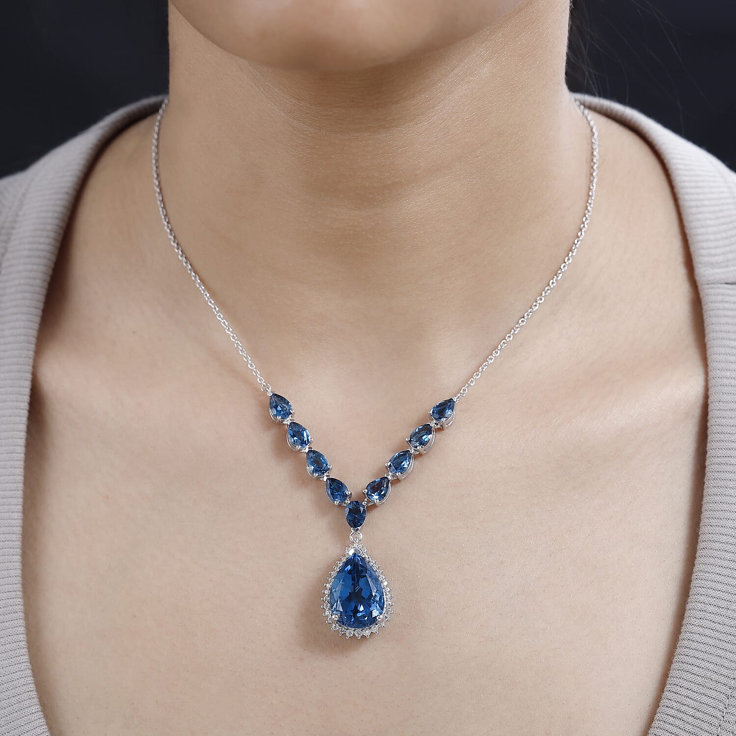 London Blue Topaz and White Zircon Drop Necklace 18-20 Inches in Platinum Over Sterling Silver 22.70 ctw
