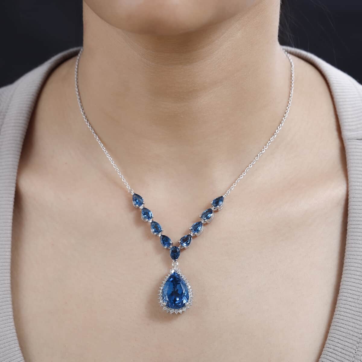 London Blue Topaz and White Zircon Drop Necklace 18 Inches in Platinum Over Sterling Silver 22.70 ctw image number 2