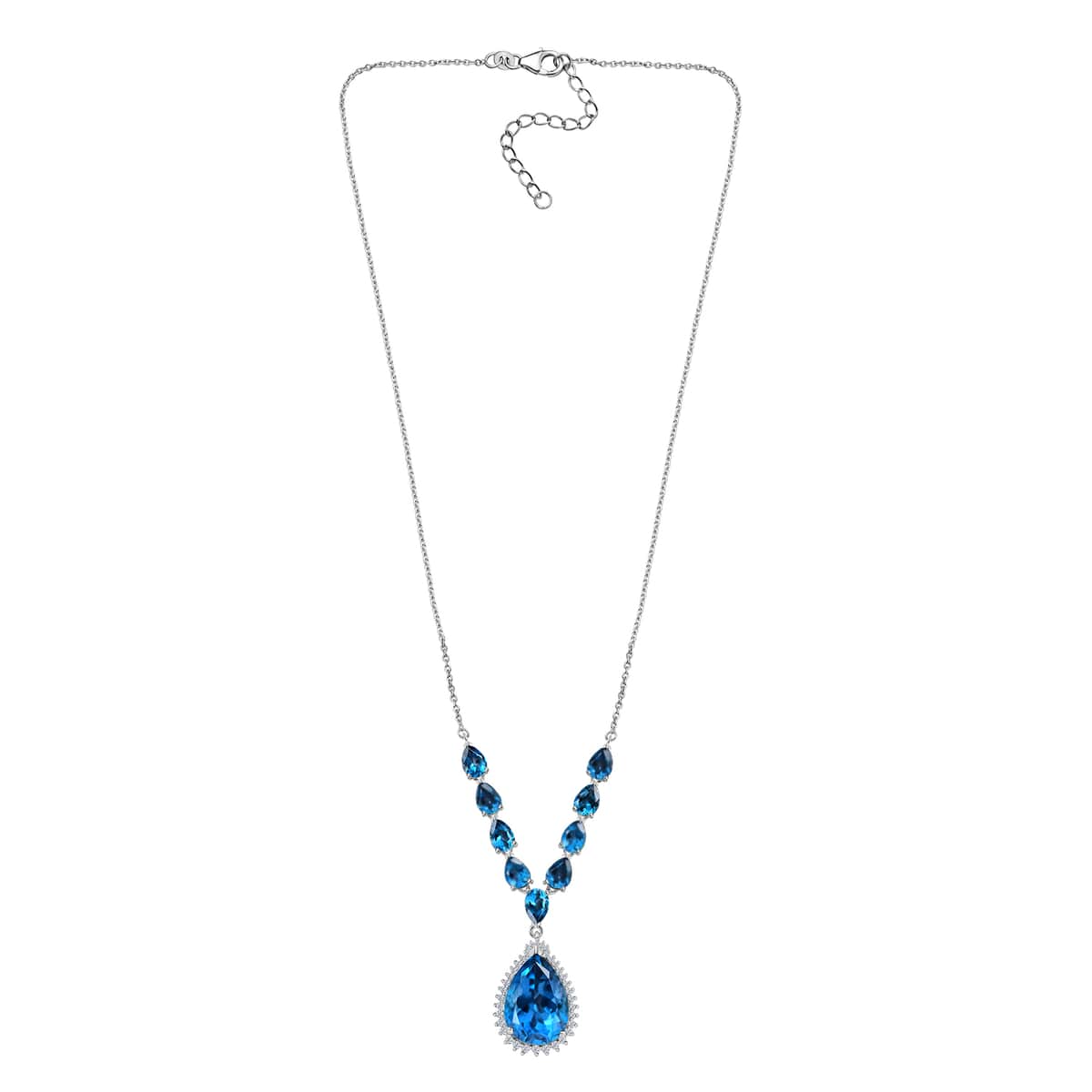 London Blue Topaz and White Zircon Drop Necklace 18 Inches in Platinum Over Sterling Silver 22.70 ctw image number 3