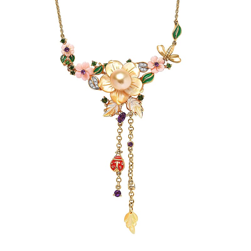Yellow Mother Of Pearl and Multi Gemstone Necklace 20 Inches in Vermeil Yellow Gold Over Sterling Silver 1.15 ctw