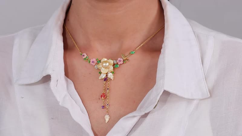 Yellow Mother Of Pearl and Multi Gemstone Necklace 20 Inches in Vermeil Yellow Gold Over Sterling Silver 1.15 ctw