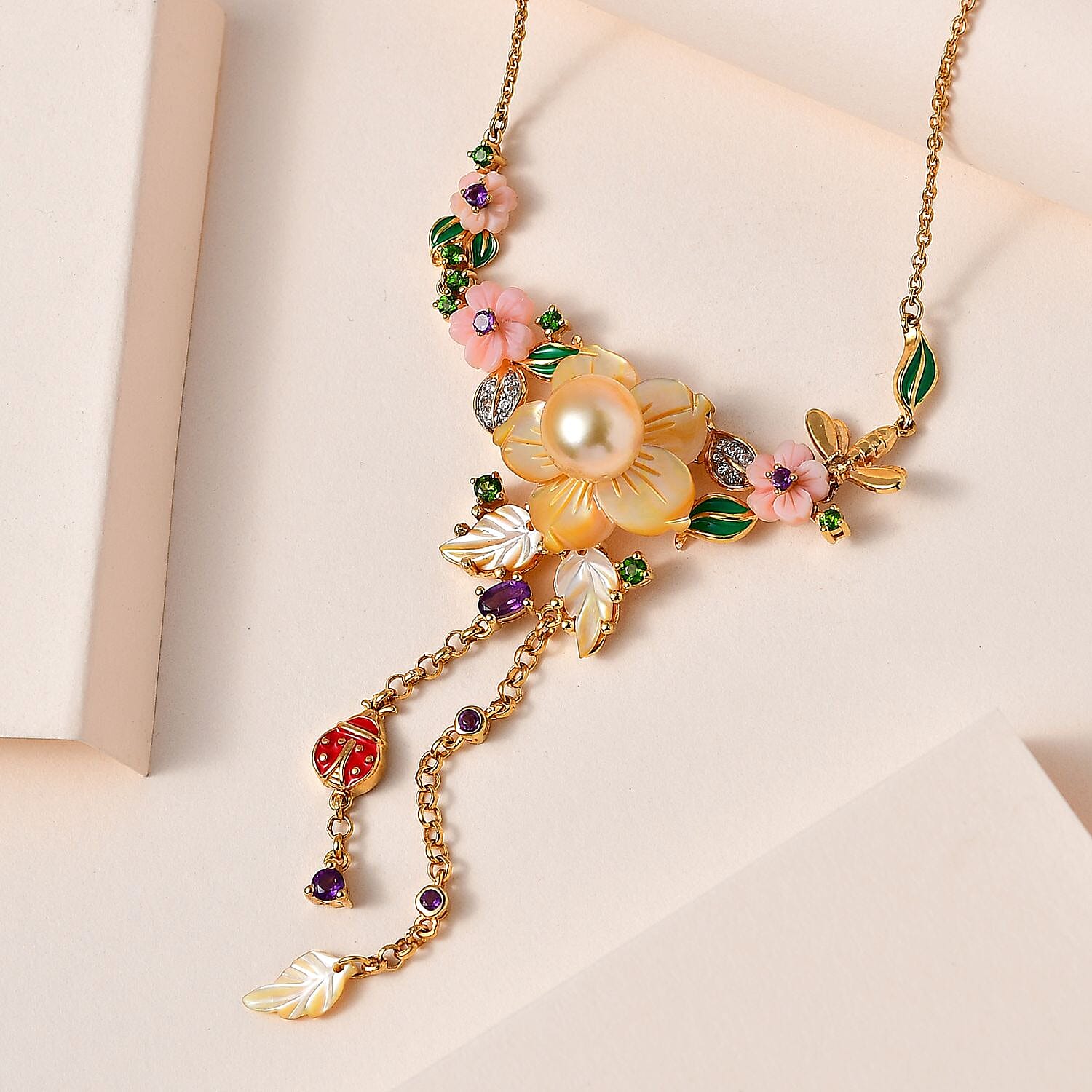 Yellow Mother Of Pearl and Multi Gemstone Necklace 20 Inches in Vermeil Yellow Gold Over Sterling Silver 1.15 ctw