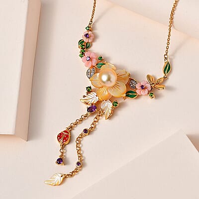 Yellow Mother Of Pearl and Multi Gemstone Necklace 20 Inches in Vermeil Yellow Gold Over Sterling Silver 1.15 ctw