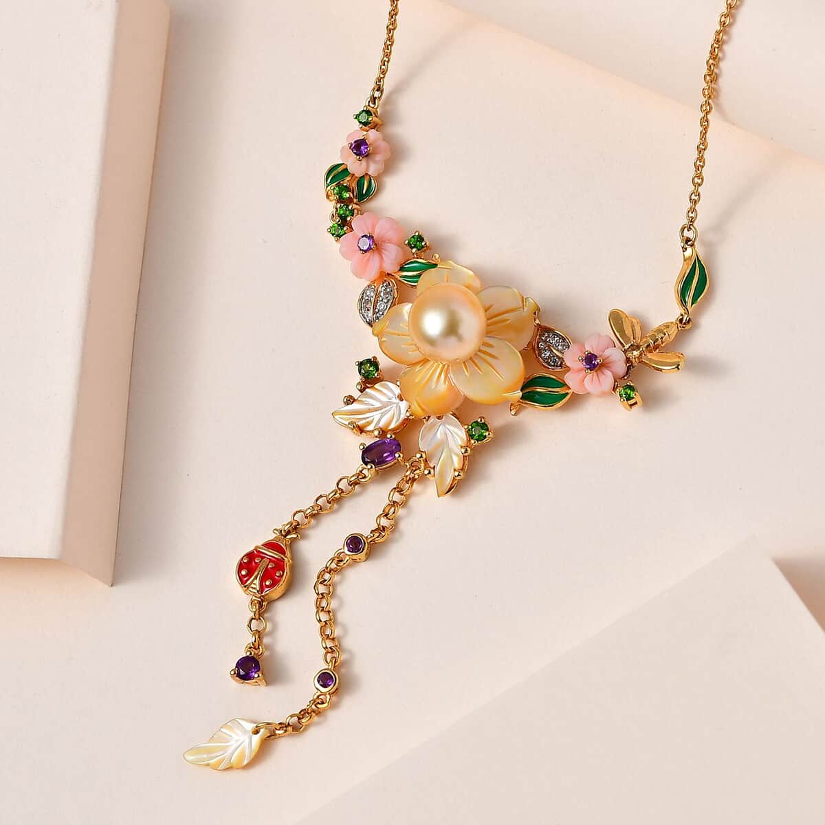 Yellow Mother Of Pearl and Multi Gemstone Necklace 20 Inches in Vermeil Yellow Gold Over Sterling Silver 1.15 ctw image number 1