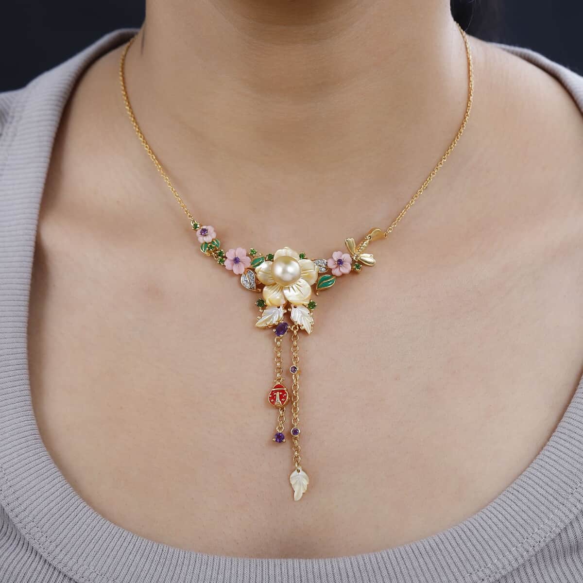 Yellow Mother Of Pearl and Multi Gemstone Necklace 20 Inches in Vermeil Yellow Gold Over Sterling Silver 1.15 ctw image number 2