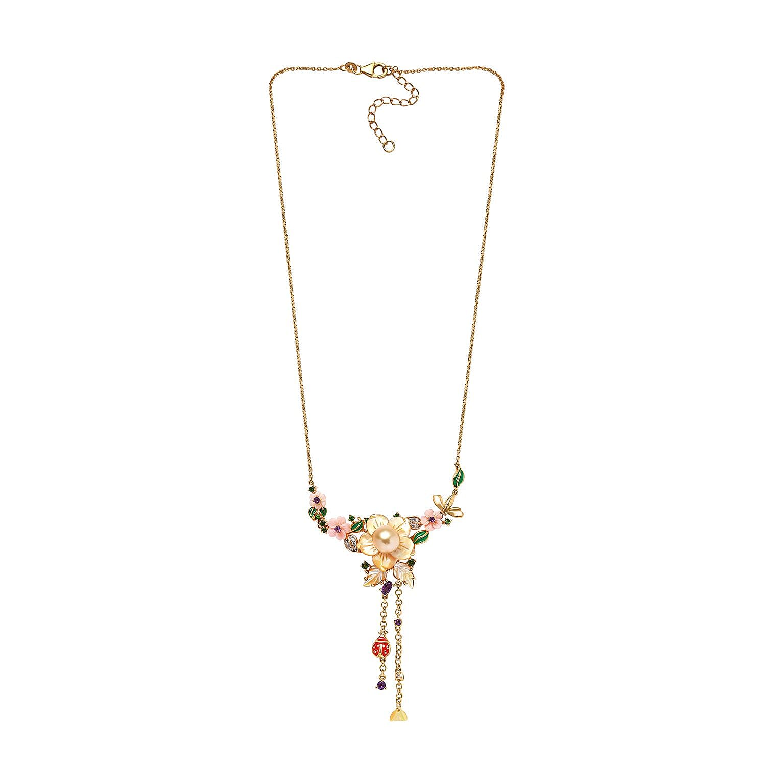 Yellow Mother Of Pearl and Multi Gemstone Necklace 20 Inches in Vermeil Yellow Gold Over Sterling Silver 1.15 ctw