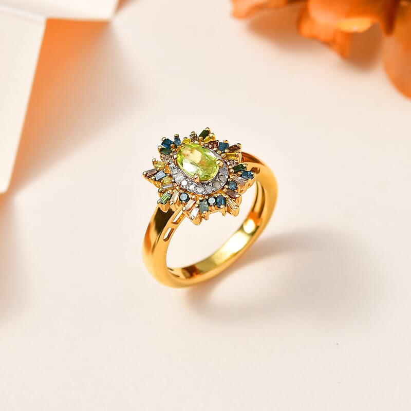 AAA Sava Sphene and Multi Diamond Floral Ring in Vermeil Yellow Gold Over Sterling Silver (Size 6.0) 0.90 ctw