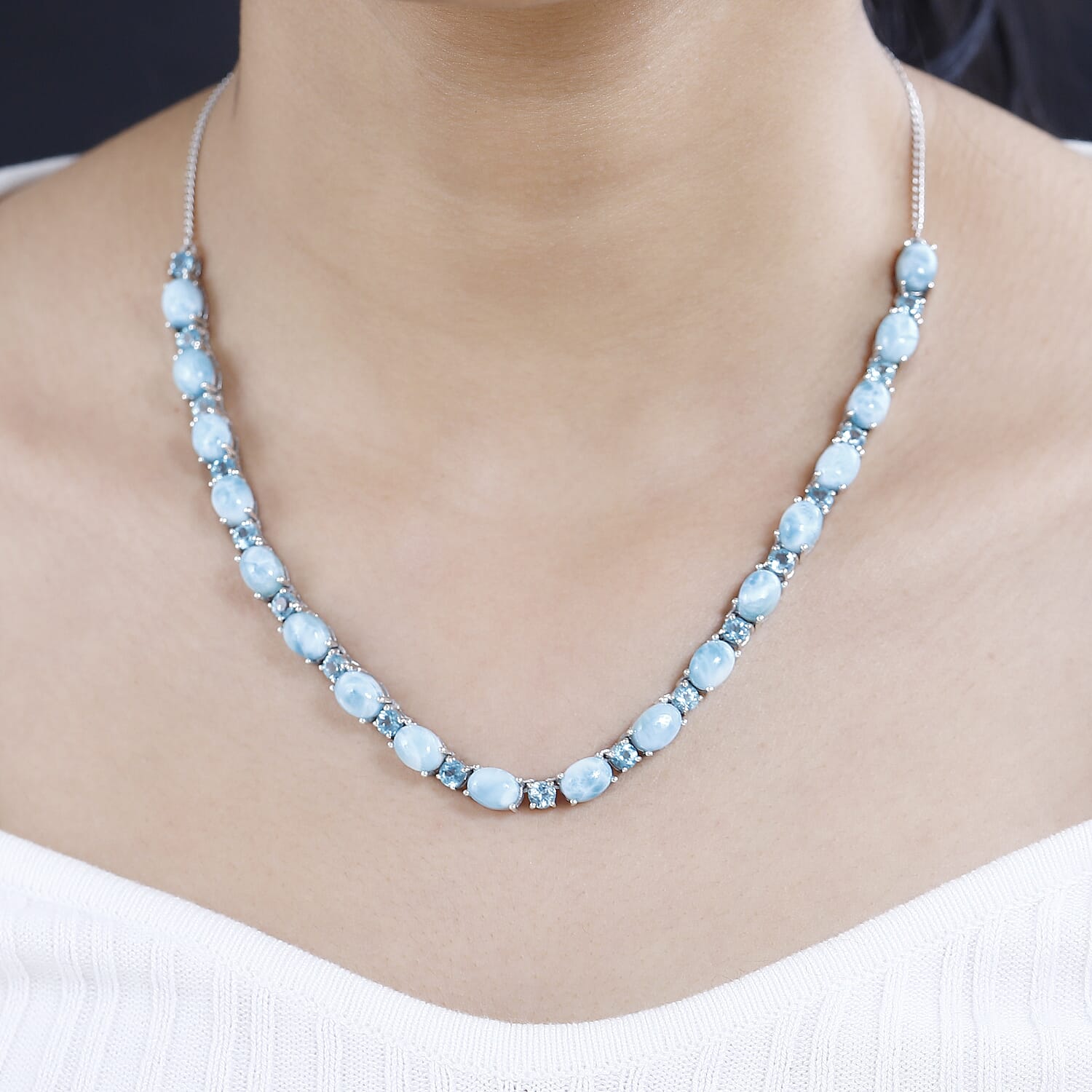 Larimar and Betroka Blue Apatite 34.65 ctw Necklace 18 Inches in Platinum Over Sterling Silver