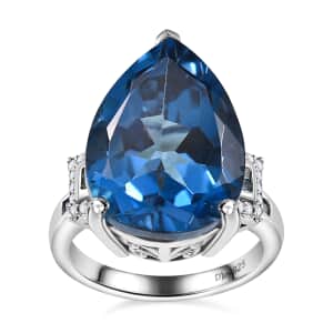 London Blue Topaz, Blue and White Diamond Ring in Platinum Over Sterling Silver (Size 6.0) 15.30 ctw