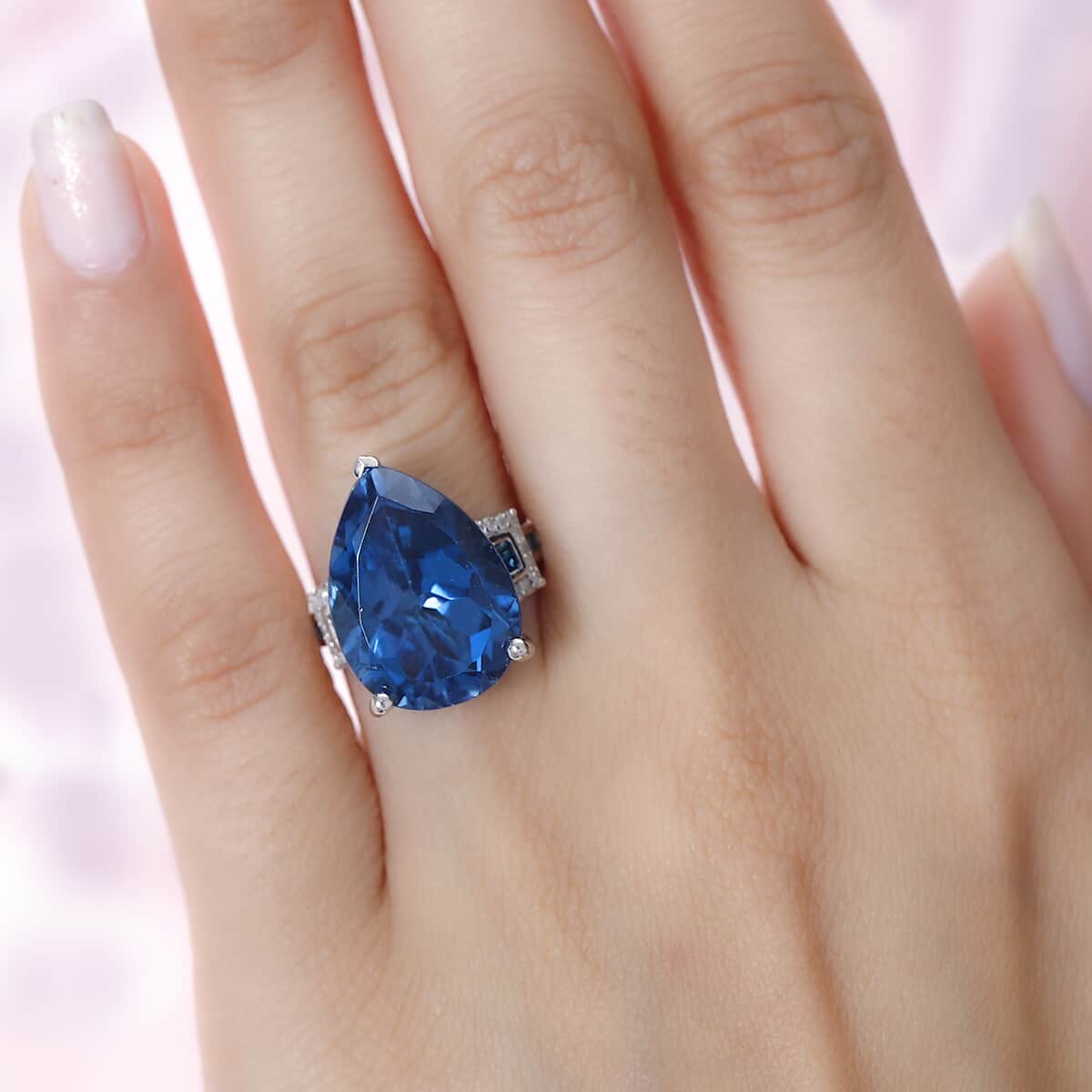 London Blue Topaz, Blue and White Diamond Ring in Platinum Over Sterling Silver (Size 6.0) 15.30 ctw image number 2