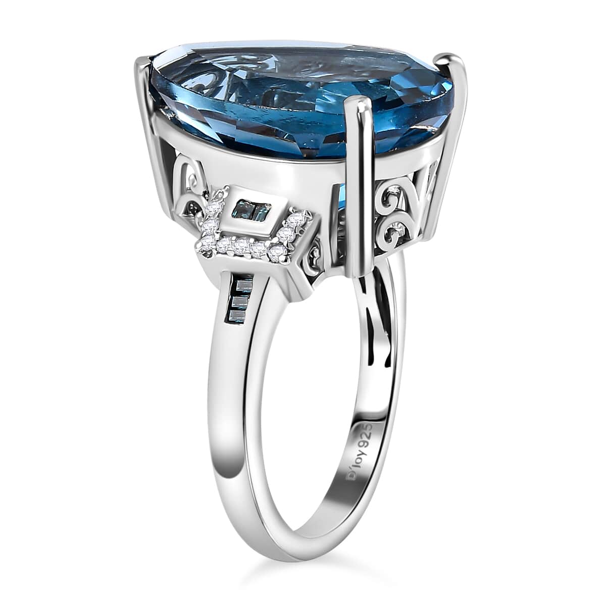 London Blue Topaz, Blue and White Diamond Ring in Platinum Over Sterling Silver (Size 6.0) 15.30 ctw image number 3