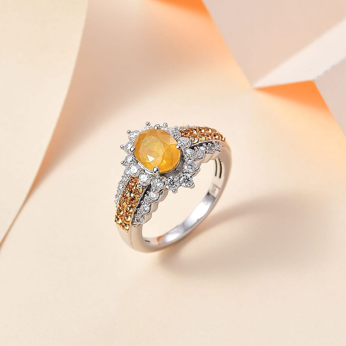 Madagascar Yellow Sapphire and Moissanite Sunrays Ring in Platinum Over Sterling Silver (Size 10.0) 2.85 ctw image number 1