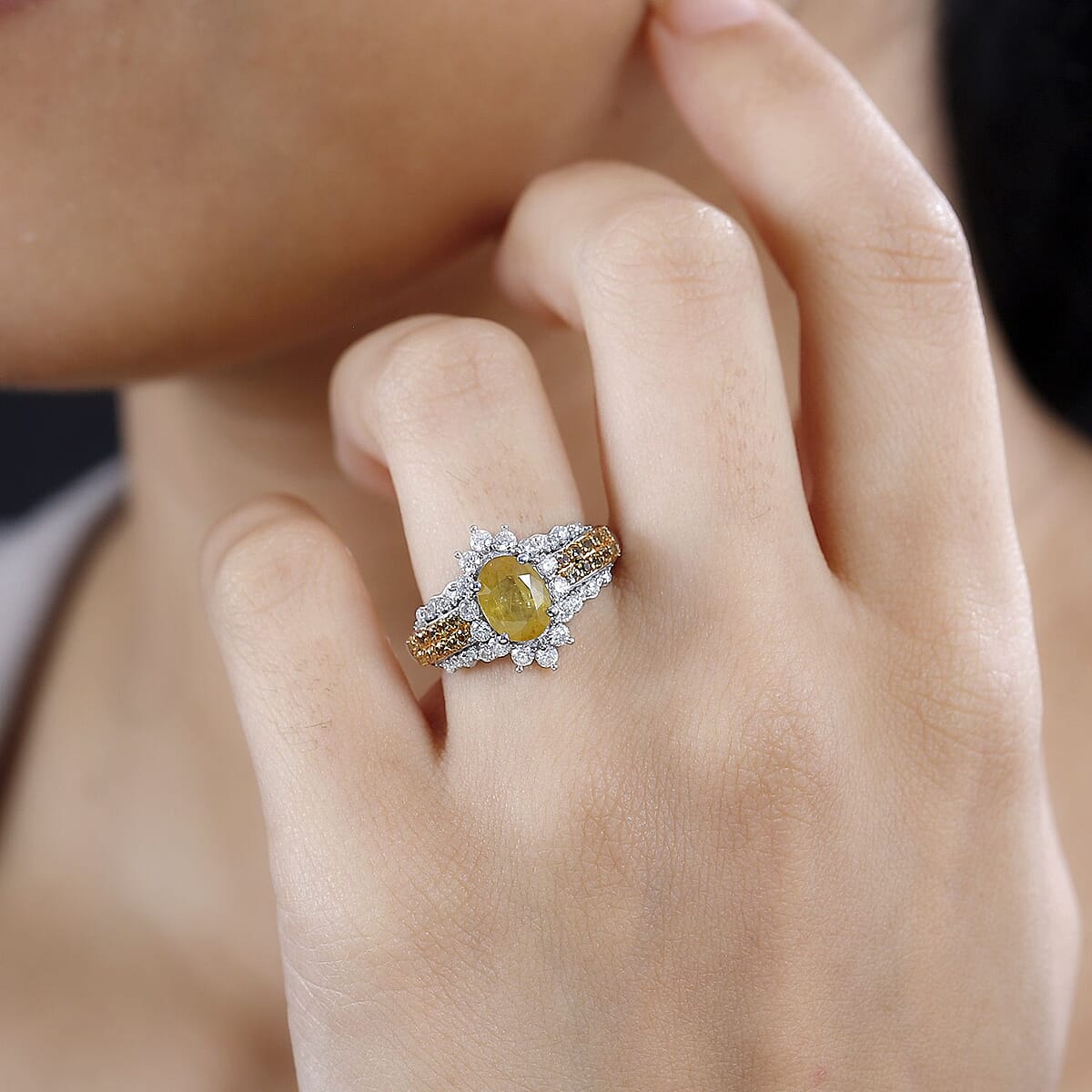 Madagascar Yellow Sapphire and Moissanite Sunrays Ring in Platinum Over Sterling Silver (Size 10.0) 2.85 ctw image number 2