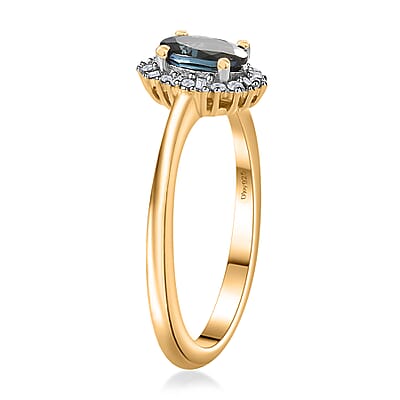 AAA Monte Belo Indicolite and Diamond 0.60 ctw Halo Ring in Vermeil Yellow Gold Over Sterling Silver (Size 10.0) 