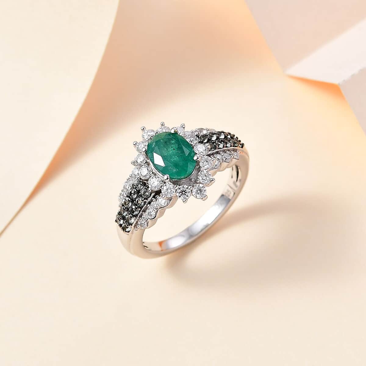 Kagem Zambian Emerald and Multi Gemstone Sunrays Ring in Platinum Over Sterling Silver (Size 6.0) 2.15 ctw image number 1