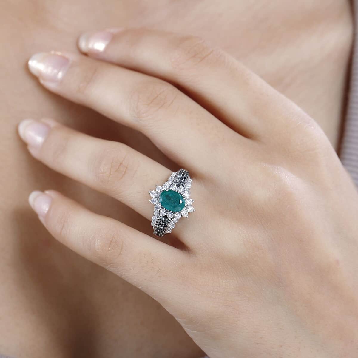 Kagem Zambian Emerald and Multi Gemstone Sunrays Ring in Platinum Over Sterling Silver (Size 6.0) 2.15 ctw image number 2