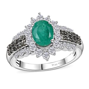 Kagem Zambian Emerald and Multi Gemstone Sunrays Ring in Platinum Over Sterling Silver (Size 7.0) 2.15 ctw