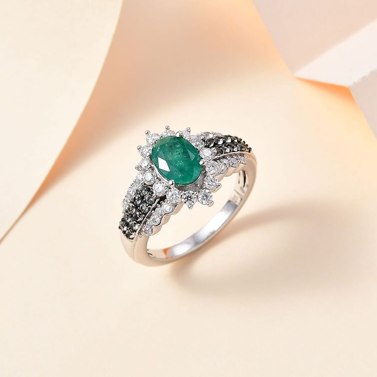 Kagem Zambian Emerald and Multi Gemstone Sunrays Ring in Platinum Over Sterling Silver (Size 7.0) 2.15 ctw image number 1