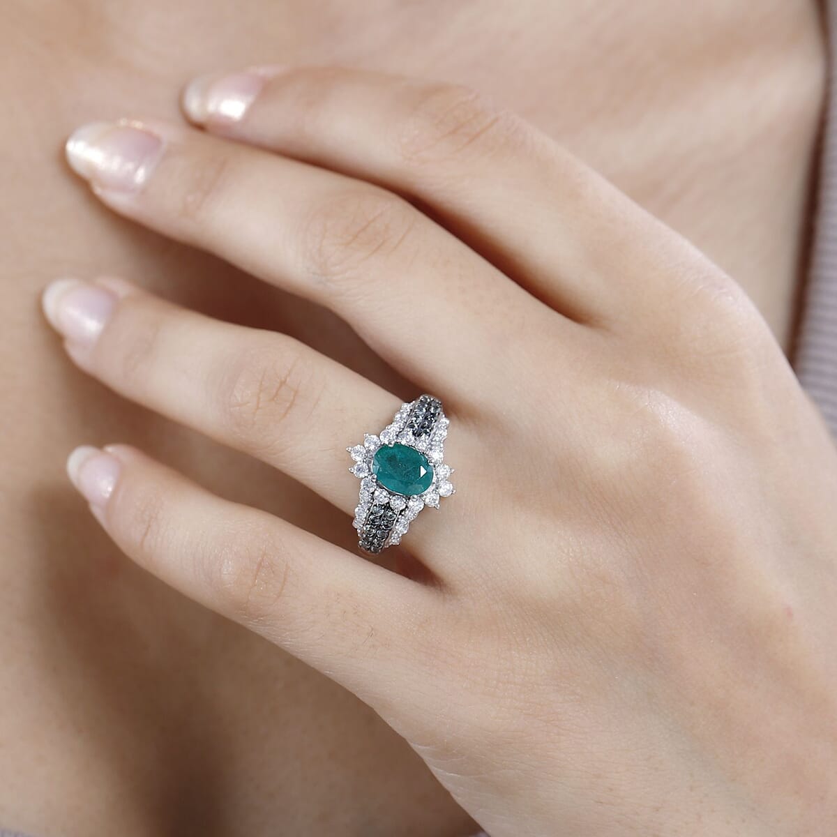 Kagem Zambian Emerald and Multi Gemstone Sunrays Ring in Platinum Over Sterling Silver (Size 7.0) 2.15 ctw image number 2