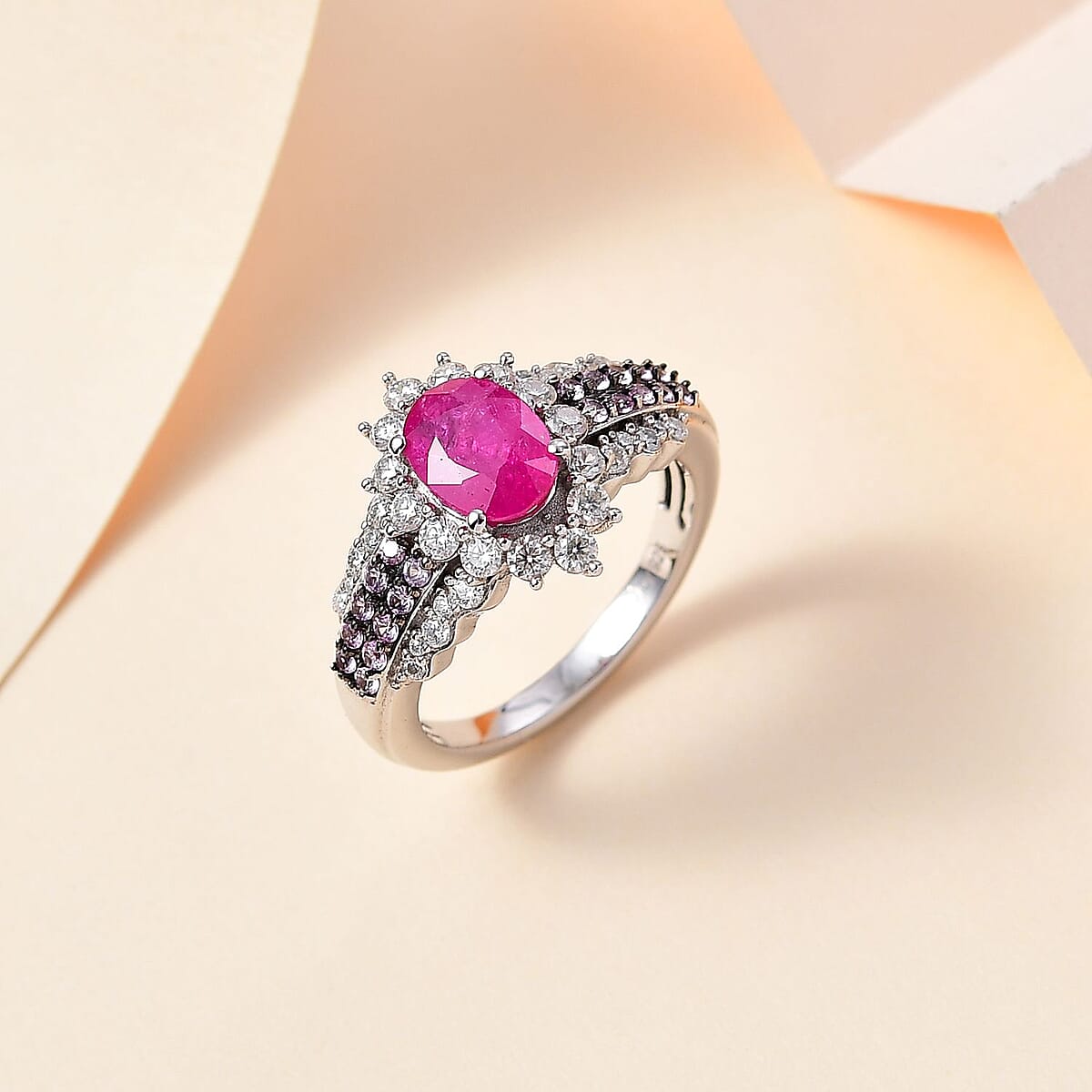 Montepuez Ruby and Multi Gemstone Sunrays Ring in Platinum Over Sterling Silver (Size 6.0) 2.25 ctw image number 1