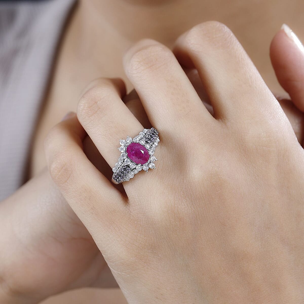 Montepuez Ruby and Multi Gemstone Sunrays Ring in Platinum Over Sterling Silver (Size 6.0) 2.25 ctw image number 2