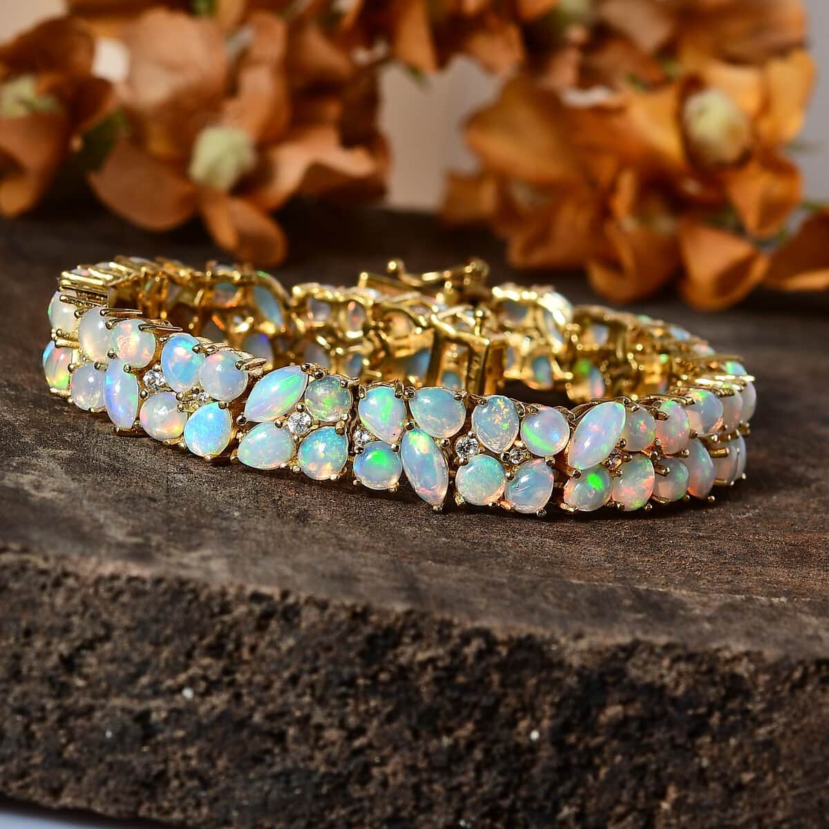Ethiopian Welo Opal and White Zircon Bracelet in Vermeil Yellow Gold Over Sterling Silver (6.50 In) 16.50 ctw image number 2