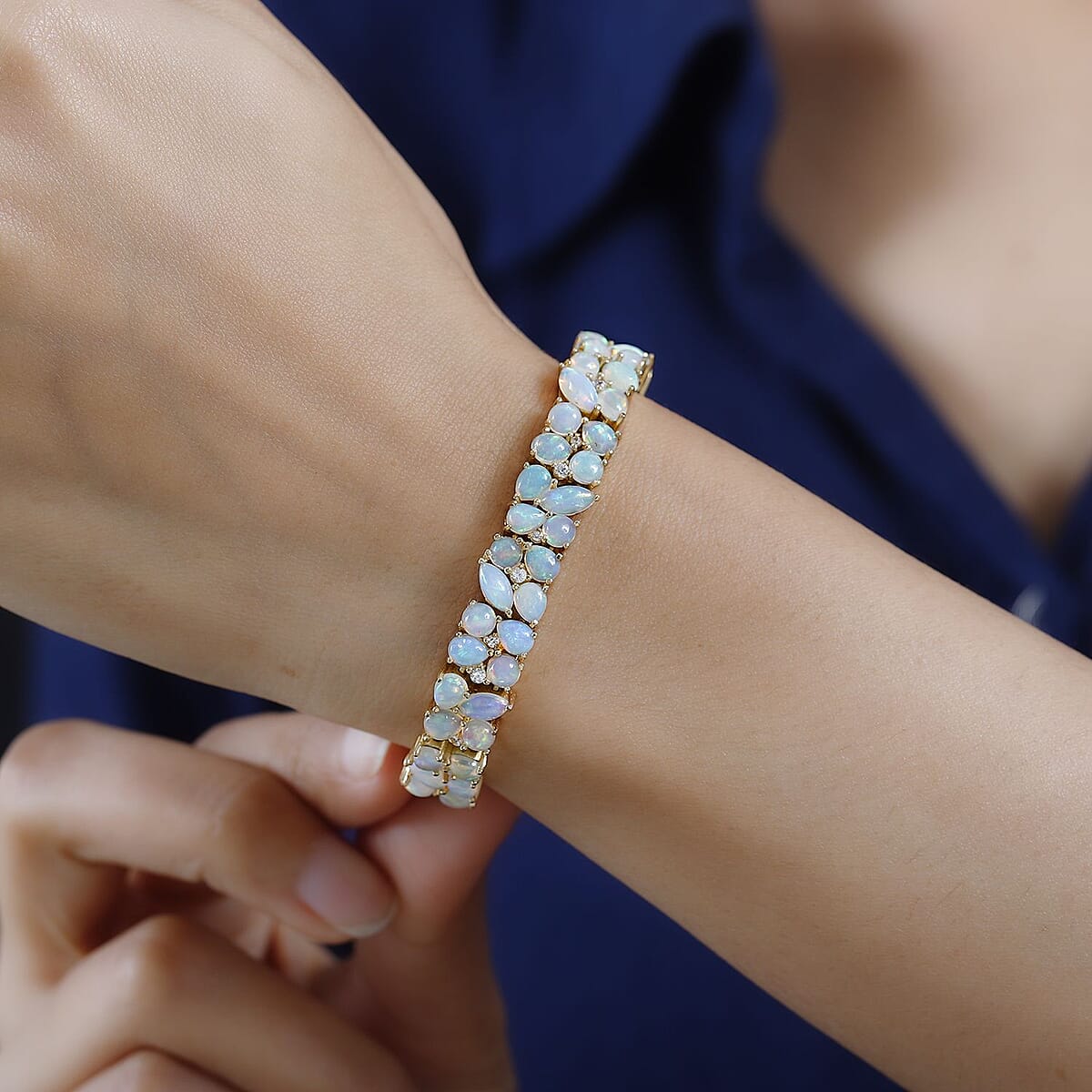 Ethiopian Welo Opal and White Zircon Bracelet in Vermeil Yellow Gold Over Sterling Silver (8.00 In) 18.65 ctw image number 3