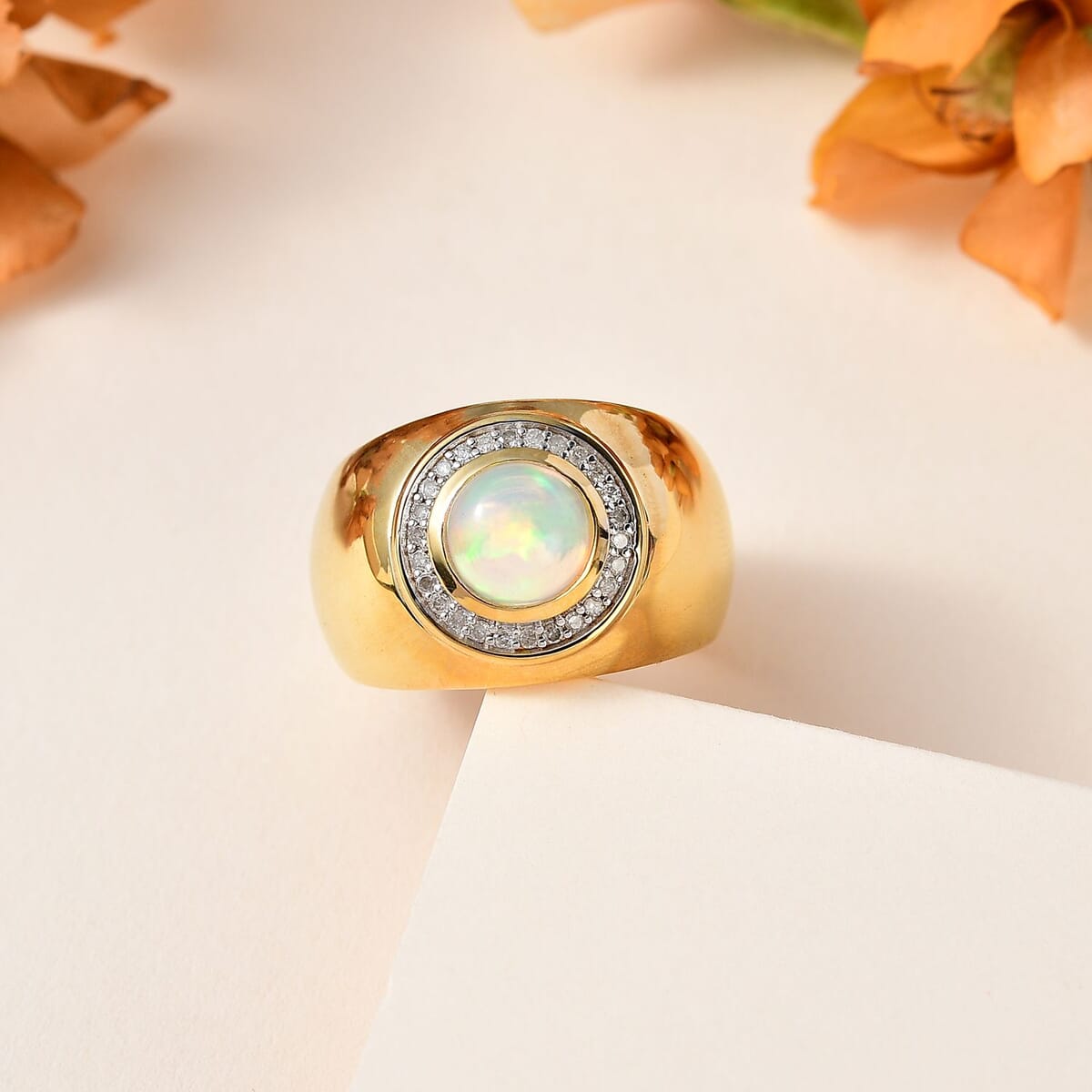 Ethiopian Welo Opal and Diamond Men's Ring in Vermeil Yellow Gold Over Sterling Silver (Size 10.0) 1.40 ctw image number 1