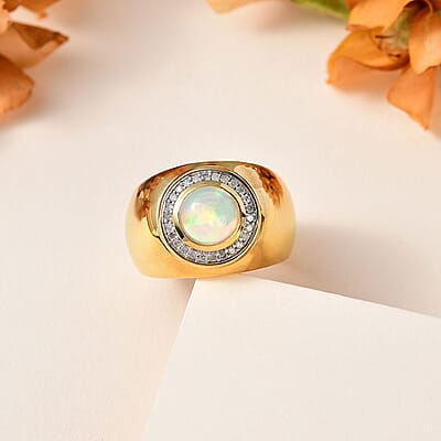 Ethiopian Welo Opal and Diamond Men's Ring in Vermeil Yellow Gold Over Sterling Silver (Size 10.0) 1.40 ctw