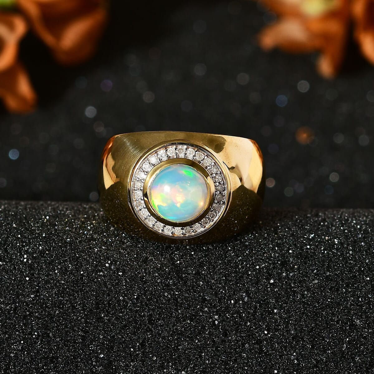 Ethiopian Welo Opal and Diamond Men's Ring in Vermeil Yellow Gold Over Sterling Silver (Size 10.0) 1.40 ctw image number 2