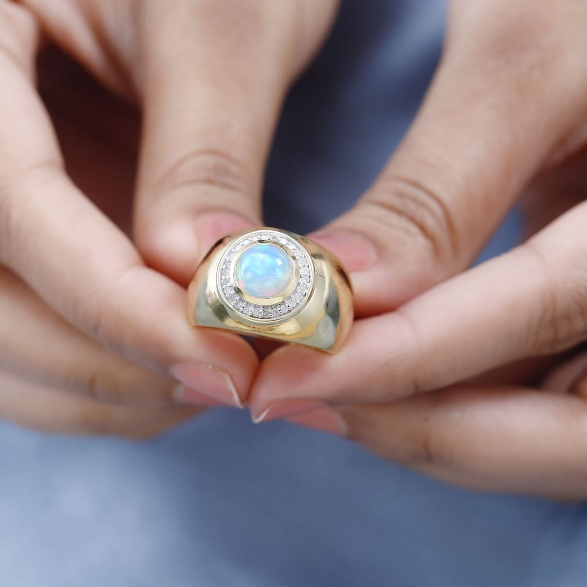 Ethiopian Welo Opal and Diamond Men's Ring in Vermeil Yellow Gold Over Sterling Silver (Size 10.0) 1.40 ctw image number 3